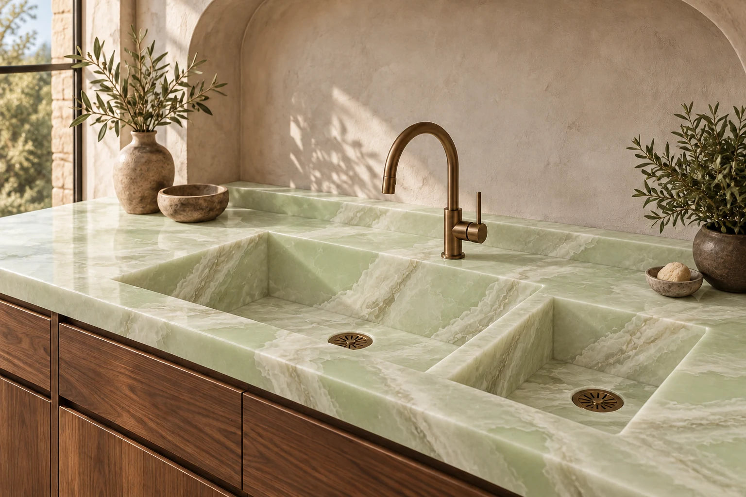 Conceptual visualization of Integrated Stone Sink in Light Green Onyx