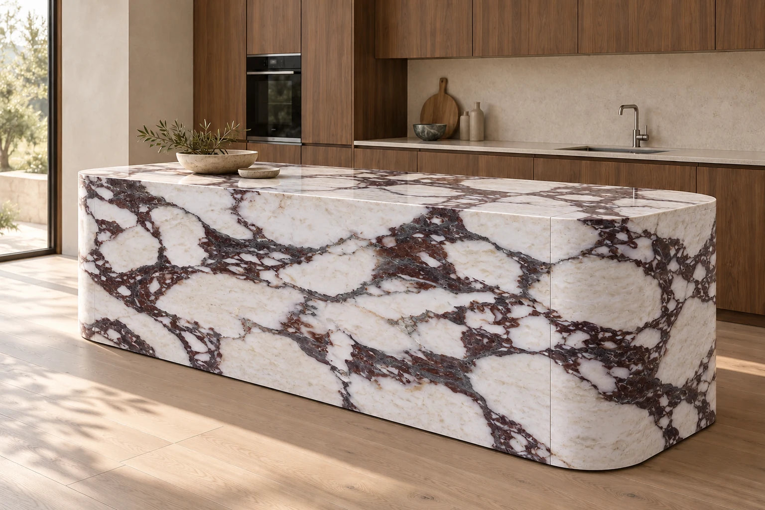 Conceptual visualization of Sculptural Kitchen Island in Calacatta Viola