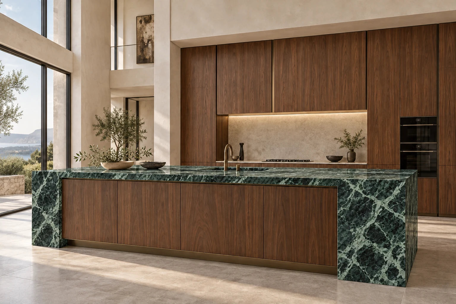 Conceptual visualization of Waterfall Kitchen Island in Verde Alpi