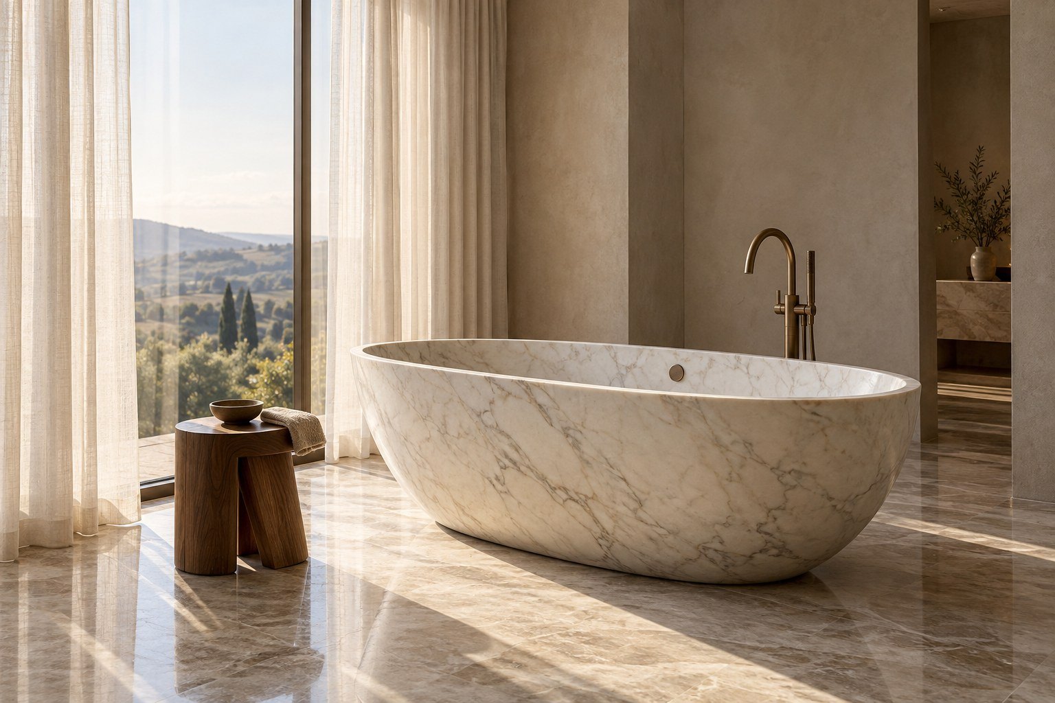 Concept bathroom with sculptural marble bath beside a window