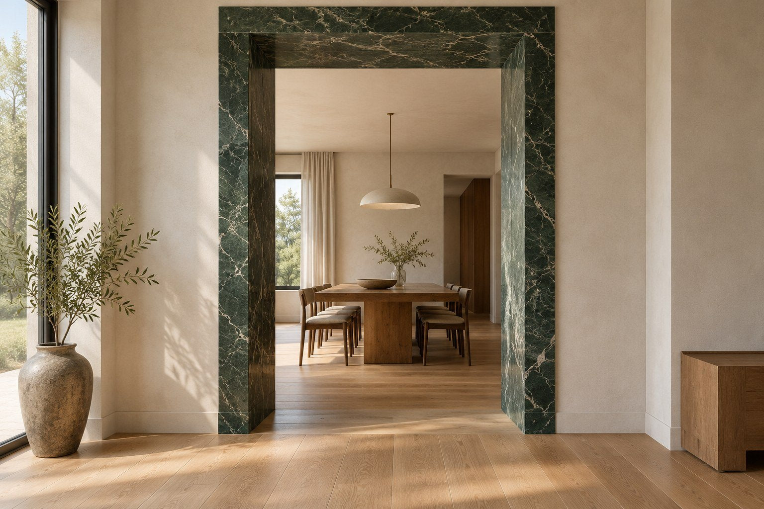 Concept interior with green marble doorway framing adjoining rooms