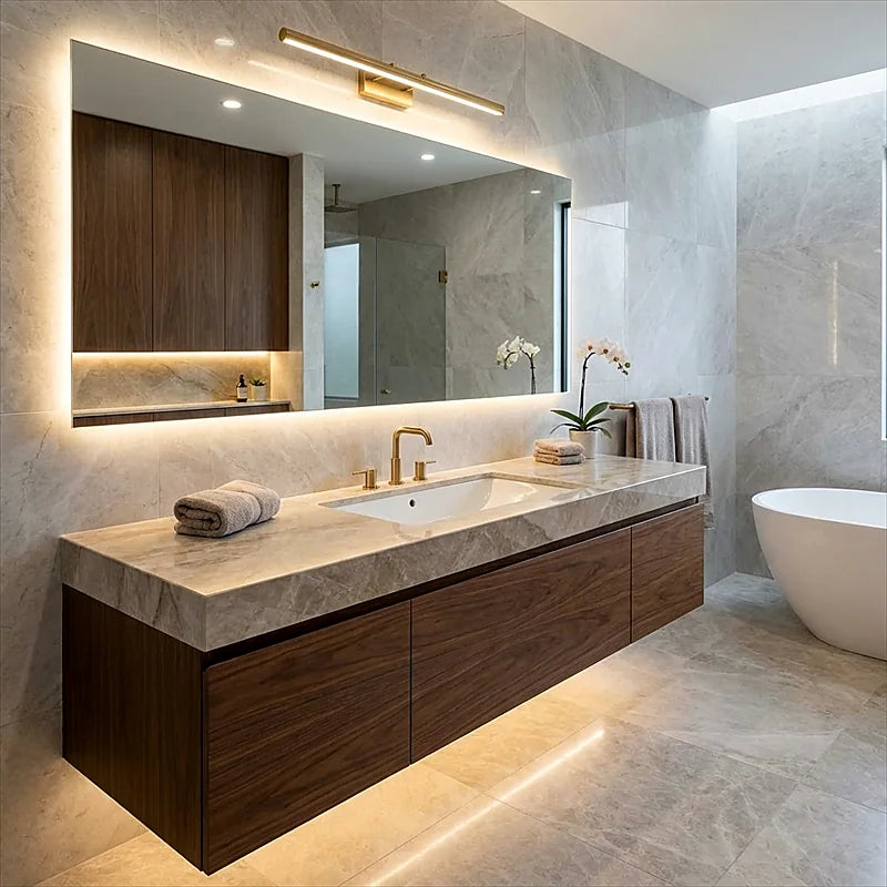 Light natural stone bathroom vanity with walnut cabinetry and freestanding bath
