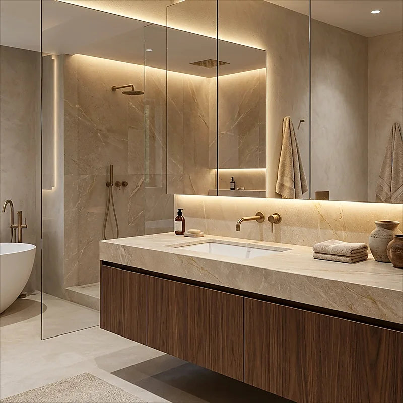Neutral natural stone bathroom vanity paired with warm walnut cabinetry and brass fittings