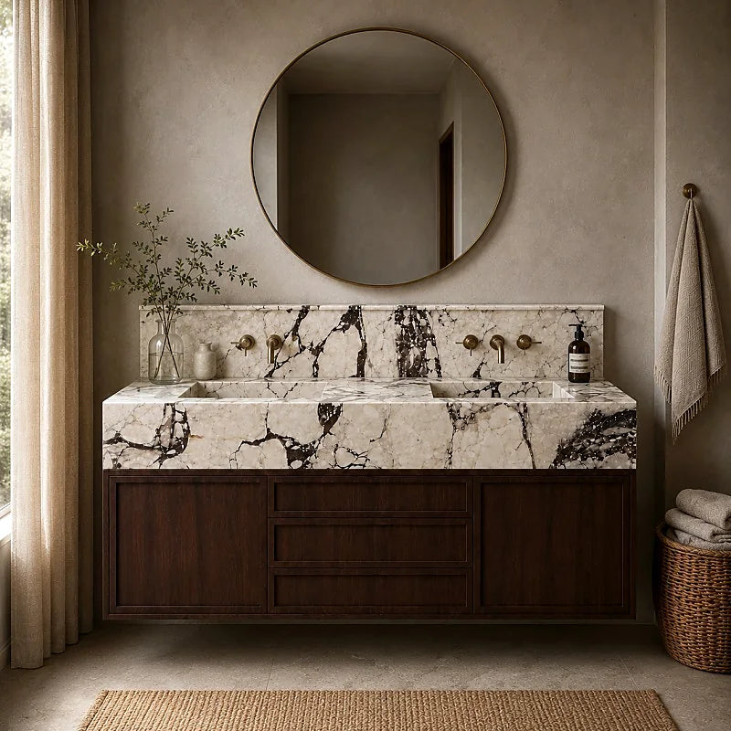 Dramatically veined marble bathroom vanity with dark timber cabinetry