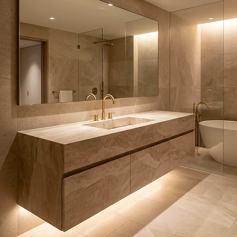 Warm beige natural stone bathroom with integrated floating vanity and brass fittings