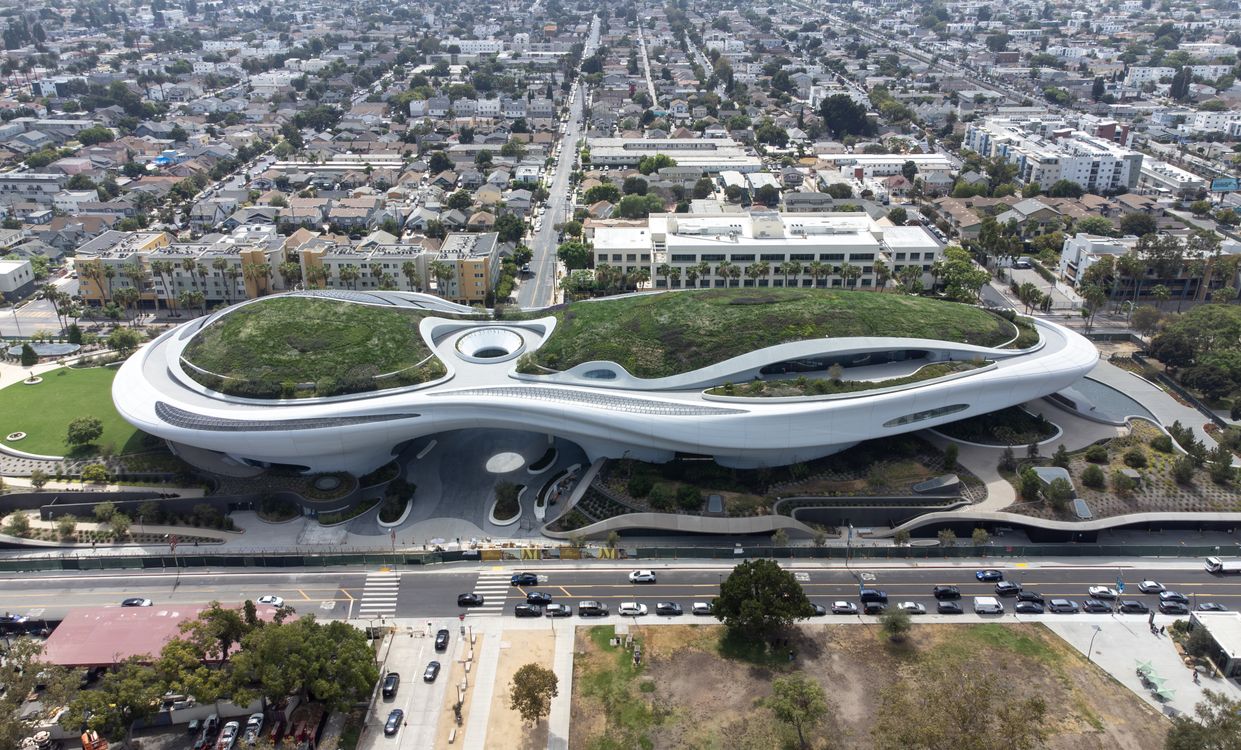 Aerial view of the Lucas Museum of Narrative Art and its planted roof in July 2026
