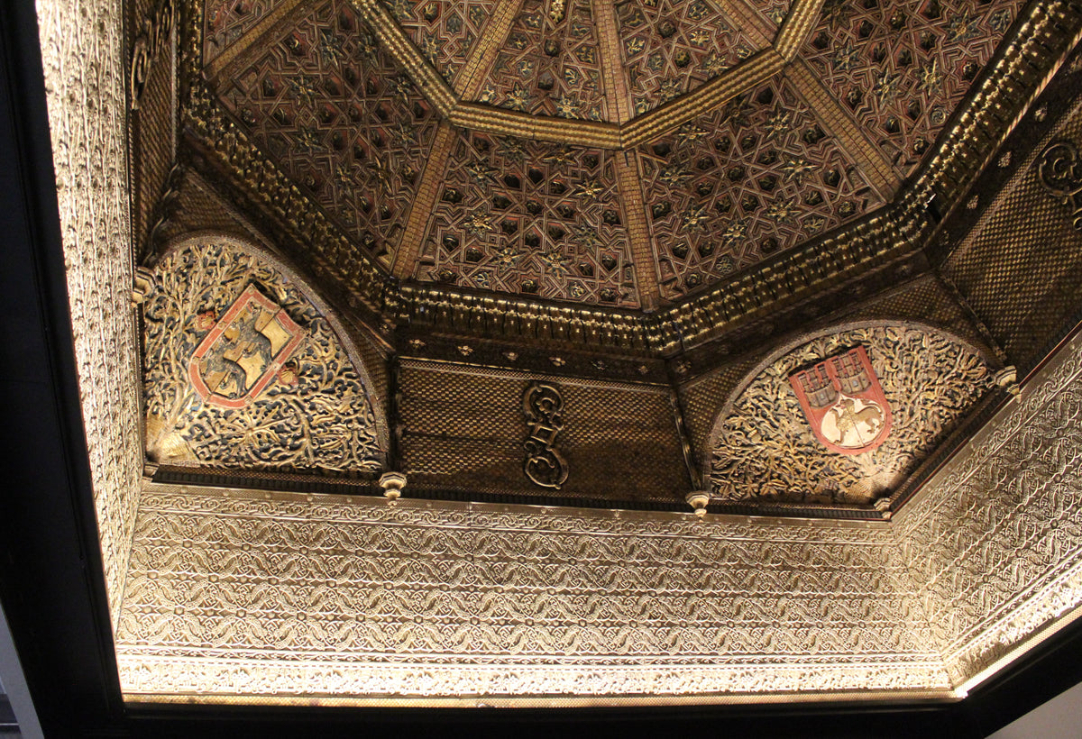 Geometric carving and gilded timber decoration on the fifteenth-century Torrijos ceiling at V&A East Storehouse