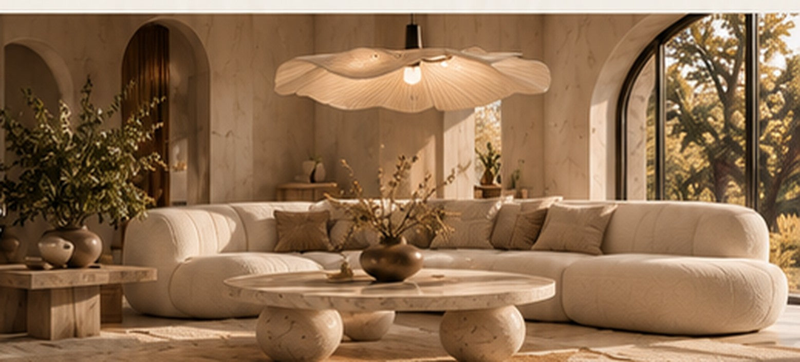 Sculptural statement pendant lighting above a contemporary interior