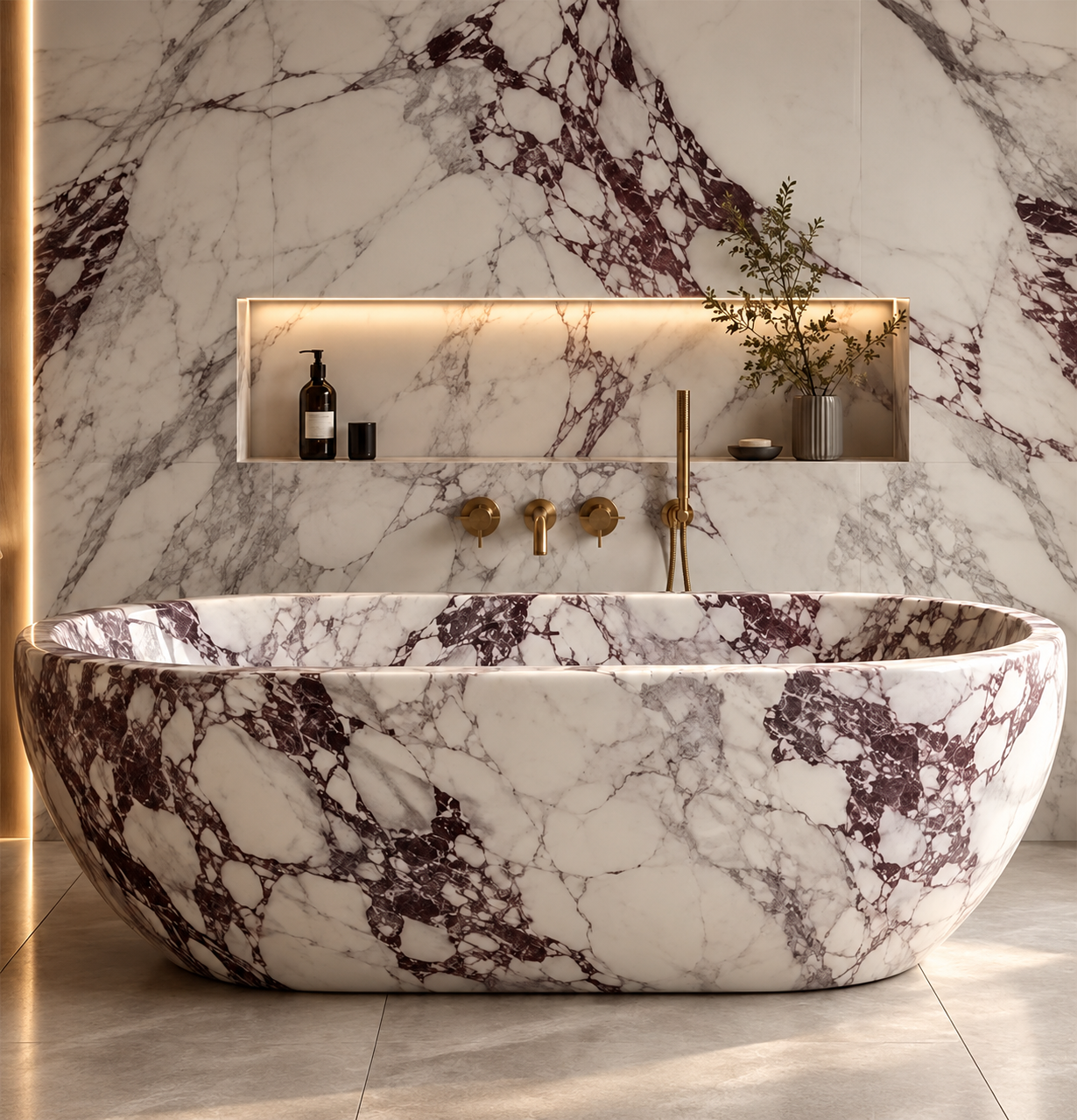 Luxury veined marble bathtub for a bespoke high-end bathroom interior