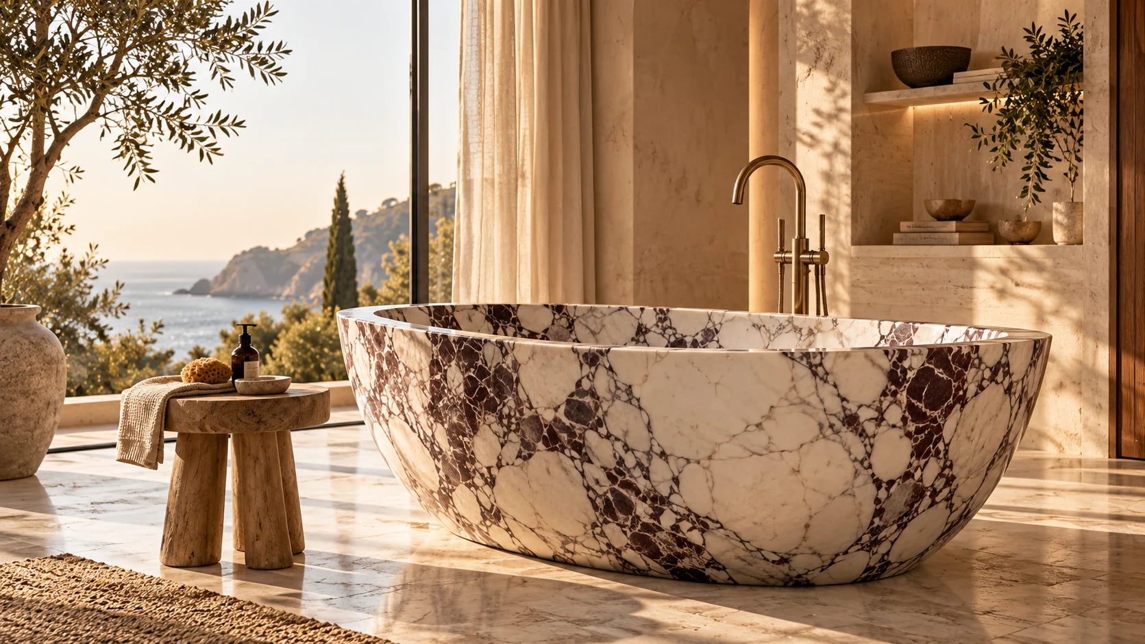 Bespoke purple-veined marble bathtub in a luxury bathroom with brass fittings