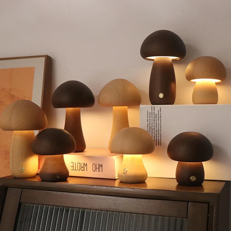 Small sculptural mushroom lamp in a dark wood finish