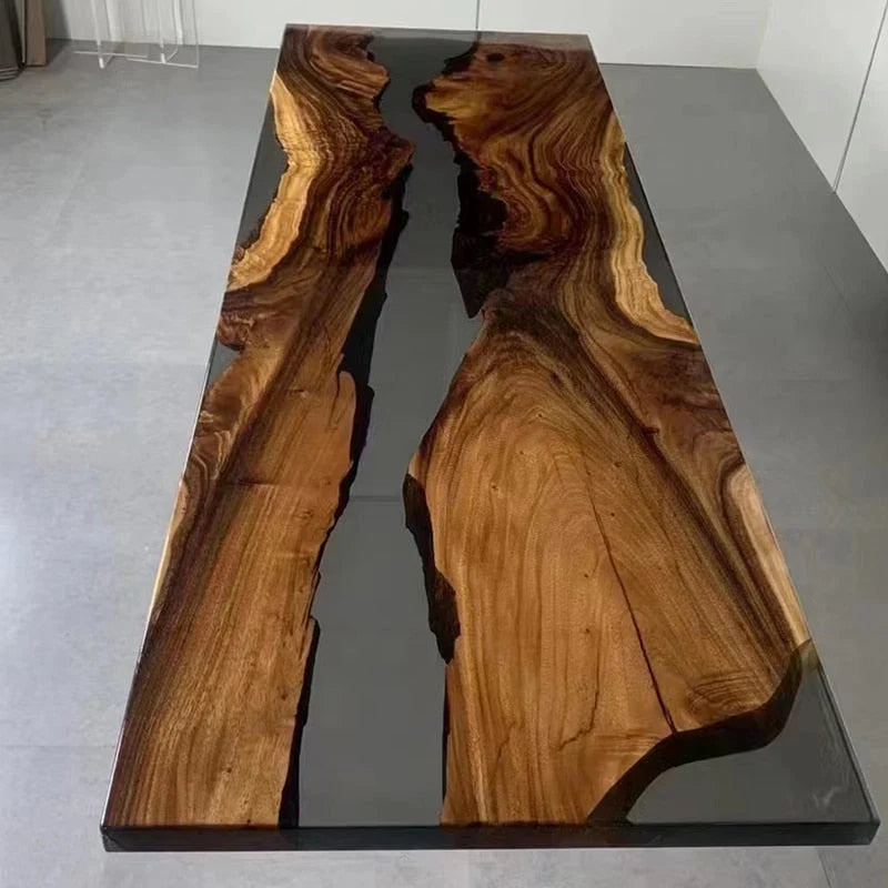 Natural wood and black resin statement table