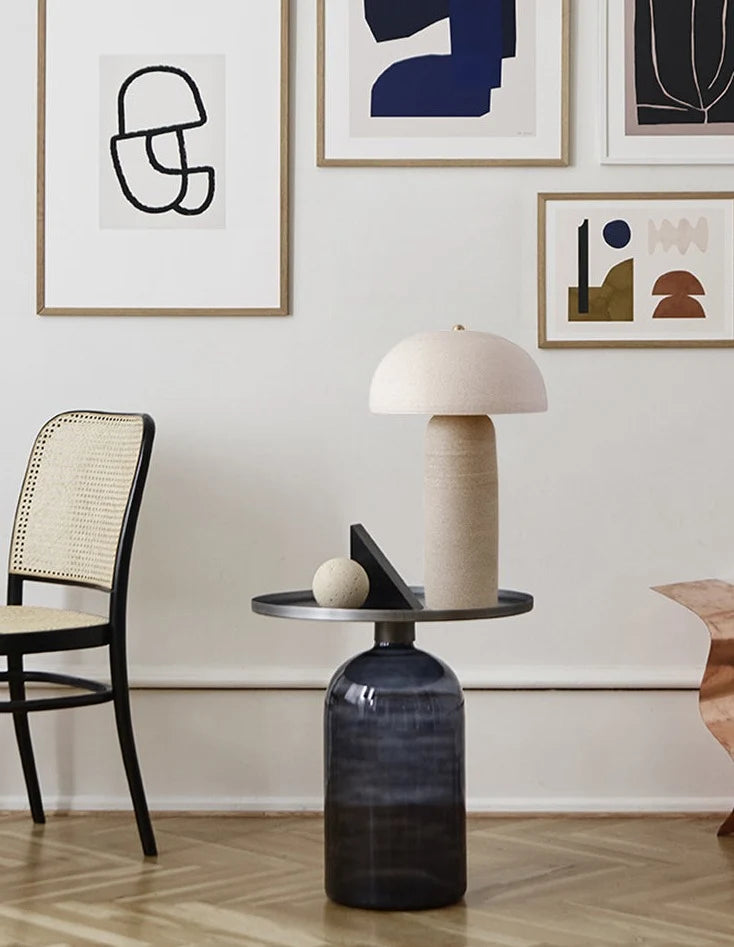 Organic Wabi Sabi pendant lamp above sculptural seating