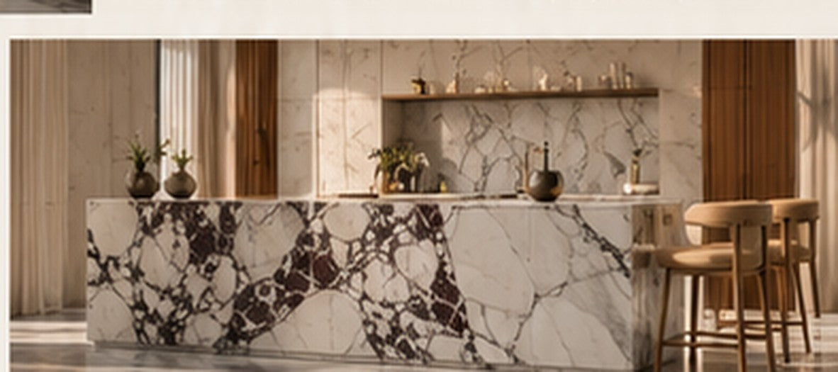 Bespoke marble kitchen interior with warm wood cabinetry and natural stone island